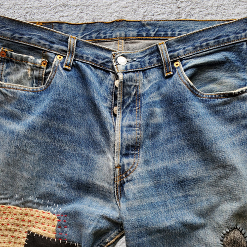 刺し子 パッチワーク Levi's501 W36 リメイク デニムパンツ