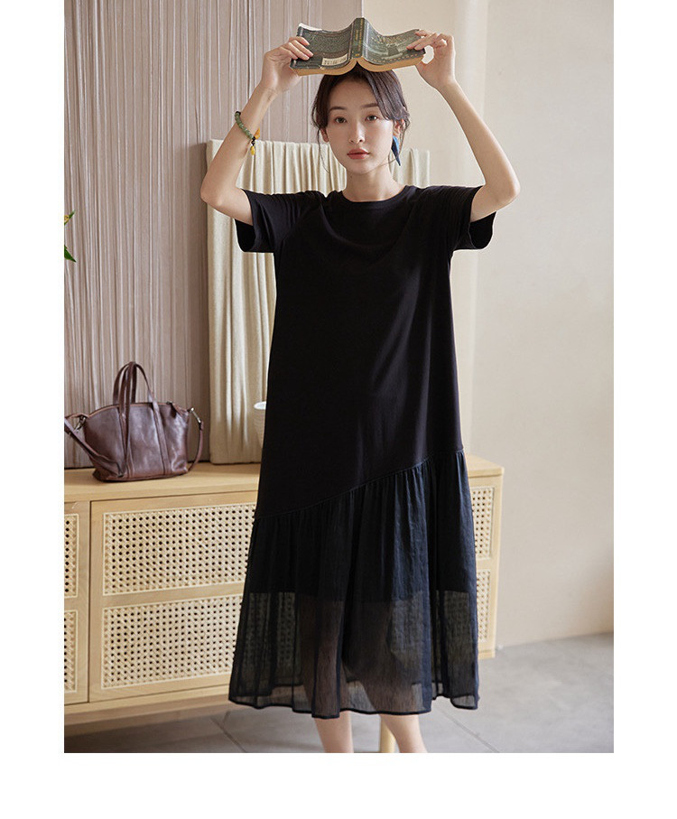 【再販】シルク/リネン　スッキリ見え　カットソー異素材ドッキングワンピース 　ウエスト切替　ポケット付き【春夏秋】黒