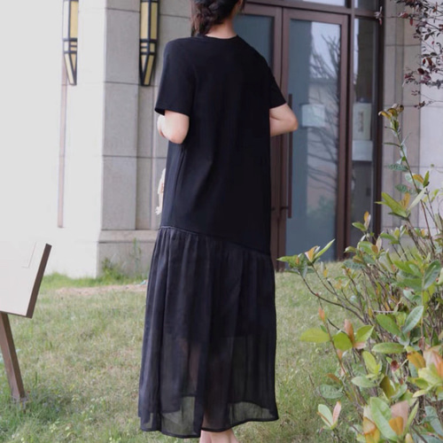 再販】シルク/リネン スッキリ見え カットソー異素材ドッキング