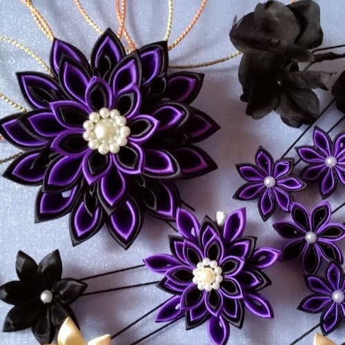 洋風つまみ細工＊髪飾り・ヘッドドレス【紫と黒と金】豪華セット