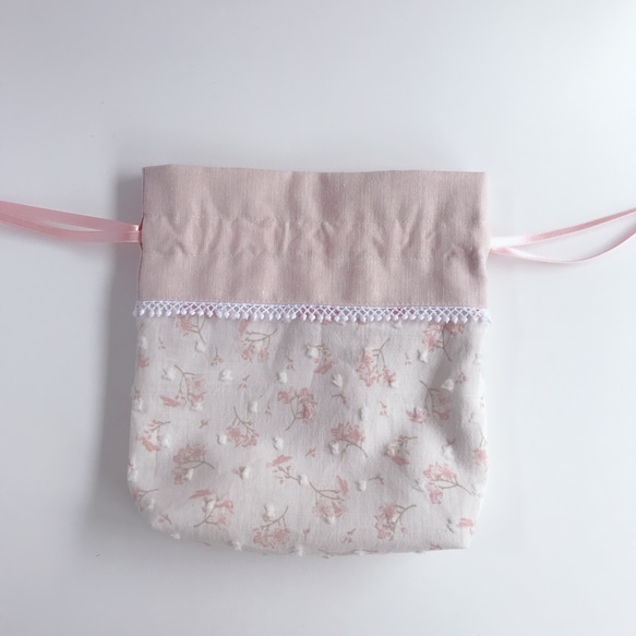 【ponpon ribbon 巾着ポーチ】あわい小花のカットドビー　選べるカラー　15cm正方形ミニサイズ 9枚目の画像