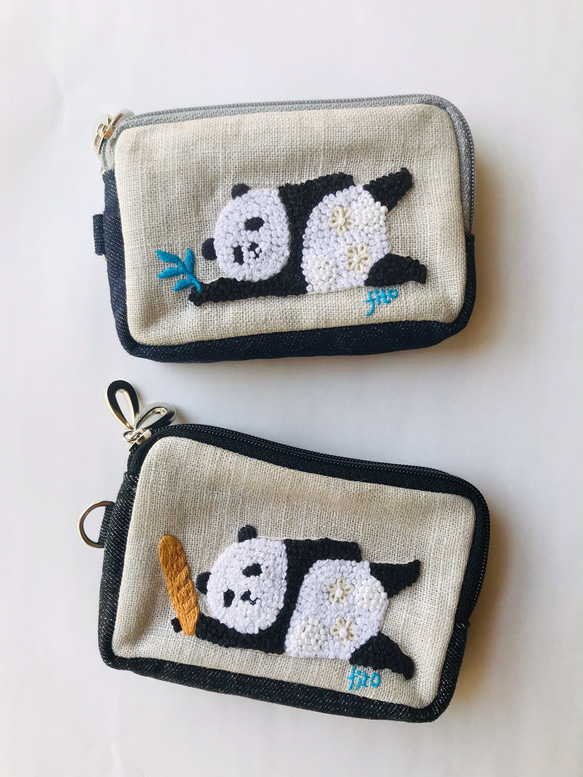 カードポーチ「寝っころびパンダ 　フランスパン」手刺繍　イヤホンケース　刺繍ポーチ　 9枚目の画像