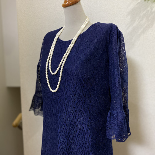美品✨大きいサイズ✨イギン マザーズドレス　レース ワンピース 13号　結婚式 040 紺 総レース ワンピース 13号 長め マザーズドレス 顔合わせ