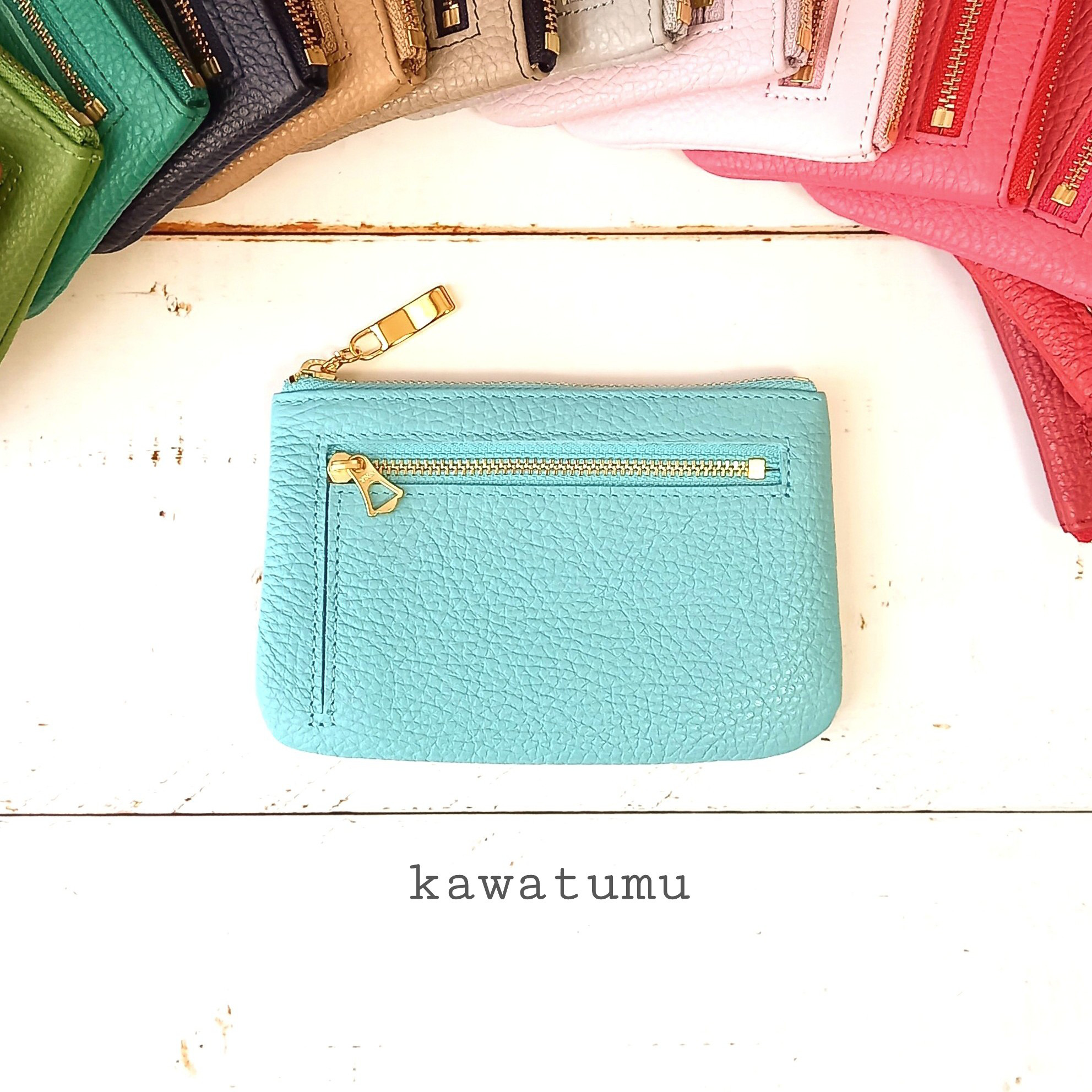 ミニ財布にもなる本革マルチケース(ミントブルー) お財布以外にも用途いろいろ！高級イタリアンレザー【かわつむ】