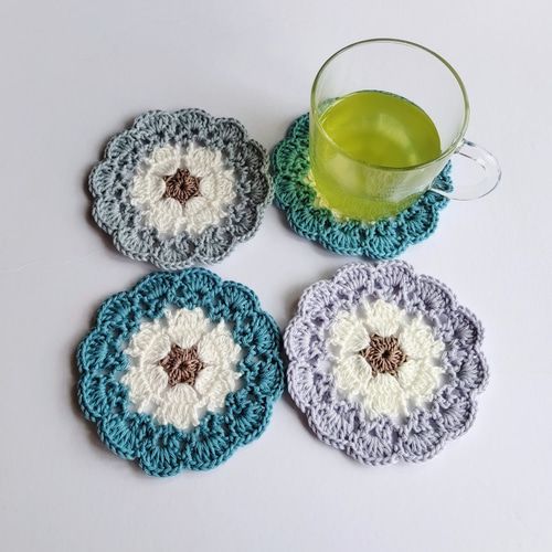 ✨再販 手編み ネモフィラのコースターセット4枚 コットン 編み物 約10