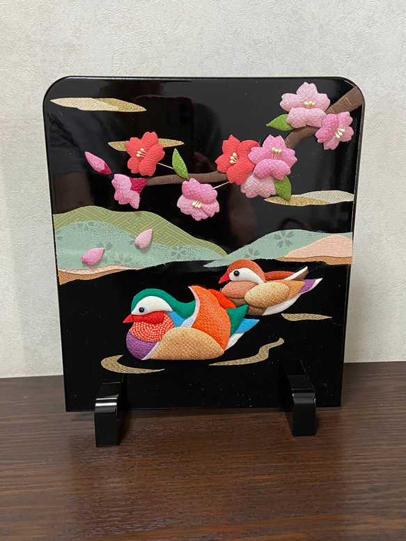 送料無料 衝立 押絵 山桜とオシドリ その他インテリア雑貨 