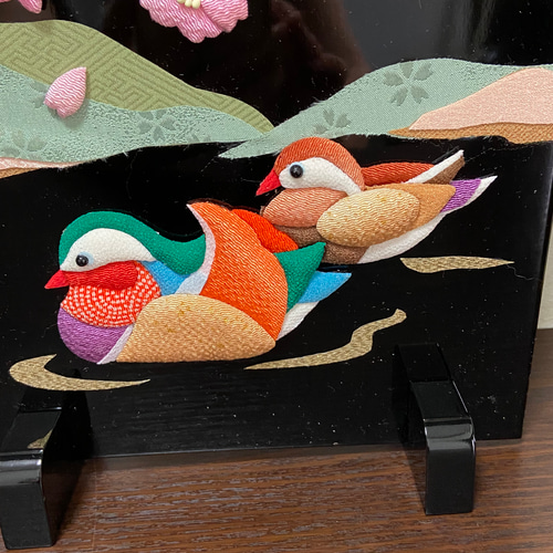 送料無料 衝立 押絵 山桜とオシドリ その他インテリア雑貨 