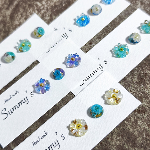 再販】小ぶりピアス3個セット【ブルーピアス】小さなピアス/夏ピアス/3 
