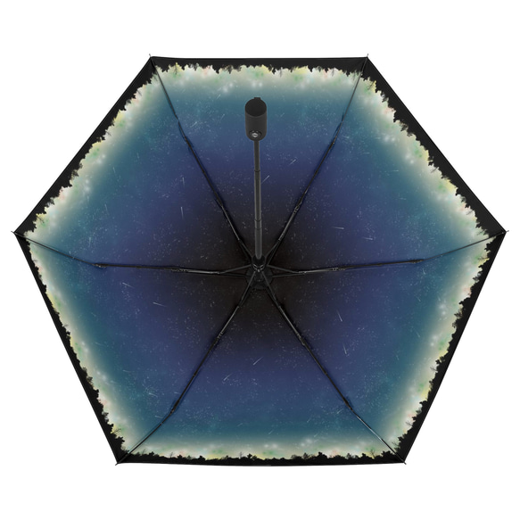 晴雨兼用、雨の中で差す星空 "夜空に降り注ぐ流星柄" 折りたたみ傘・日傘（内側プリント・外側ブラック） 7枚目の画像