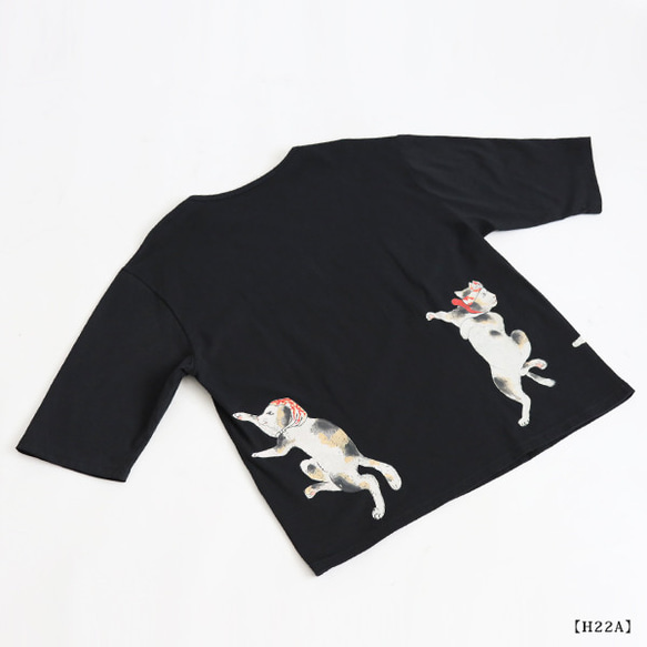 ＊ラスト１　初夏ＳＡＬＥ　度詰め天竺コットン Tシャツ カットソー生地　手描き　躍る猫　三毛猫ネコゆったりH22A 6枚目の画像