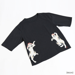 ＊ラスト１　初夏ＳＡＬＥ　度詰め天竺コットン Tシャツ カットソー生地　手描き　躍る猫　三毛猫ネコゆったりH22A 3枚目の画像