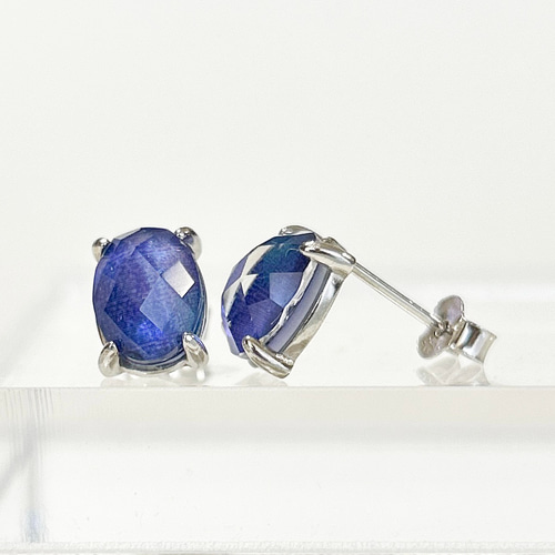 高品質ピアス】シェル×水晶 ブルー 8×6mm スタッドピアス 天然石 