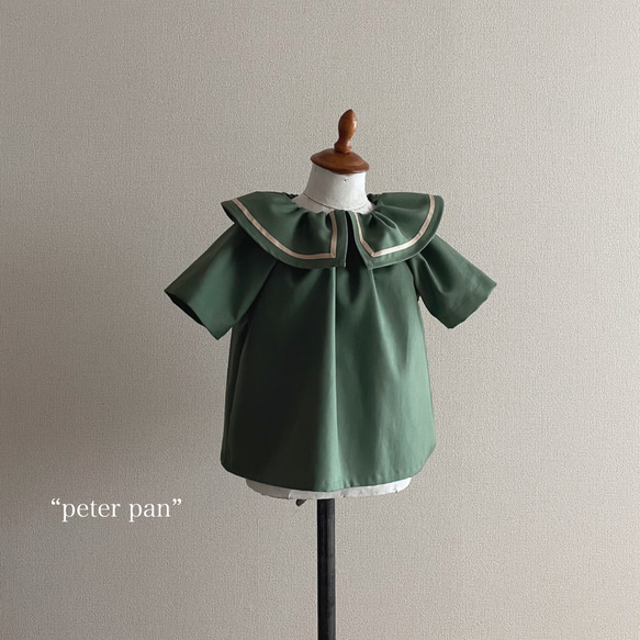 …半袖…✂︎“Peter pan” 100size 大きめ襟のスモックブラウス　男の子にも　グリーン　入園入学　 2枚目の画像