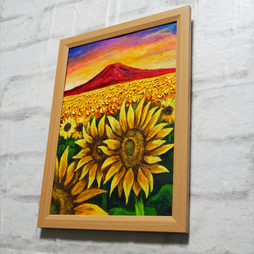 油絵 油彩 油彩画 絵 絵画【夕日と赤富士のひまわり畑】 絵画