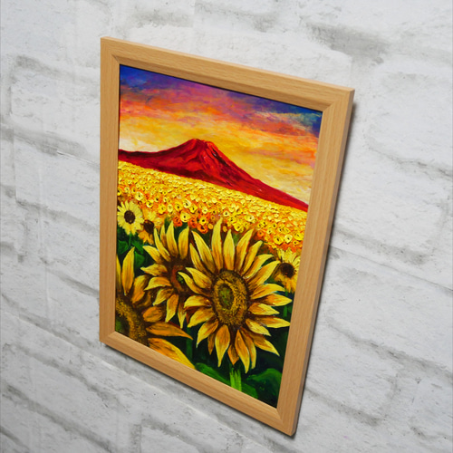 油絵 油彩 油彩画 絵 絵画【夕日と赤富士のひまわり畑】 絵画