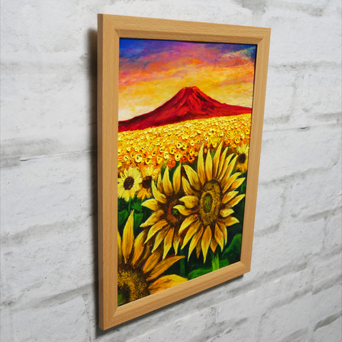 油絵 絵画 ひまわり畑の富士山【Ａ4】 油絵 絵画 ひまわり畑の富士山【A4】