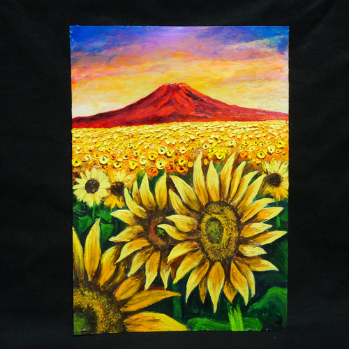 油絵 油彩 油彩画 絵 絵画【夕日のひまわり畑】 油絵 油彩 油彩画 絵 絵画 【海のひまわり畑】【B4】 | HIROSHI1990