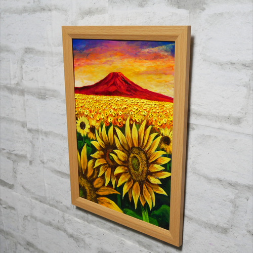 油絵 油彩 油彩画 絵 絵画【夕日と赤富士のひまわり畑】 絵画