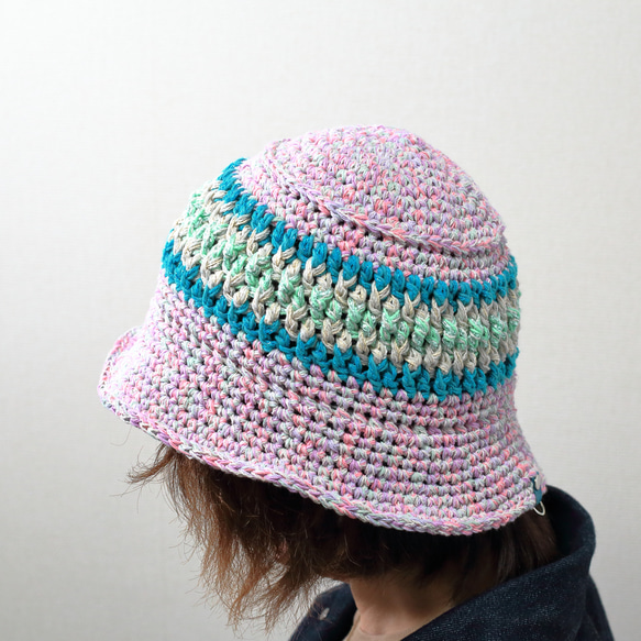 サマーニット帽 バケットハット 手編み かぎ針編み 春夏 帽子 ピンク系