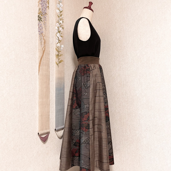 大島紬のリブフレアースカート　梅雨籠 2枚目の画像