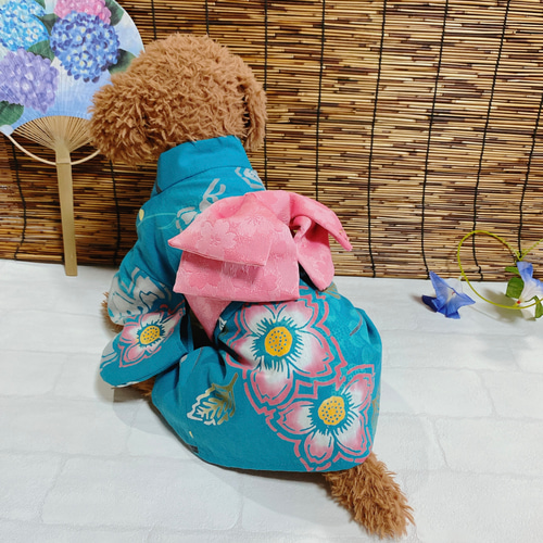 犬の浴衣✨犬用本格本染浴衣 ターコイズブルー×サーモンピンク