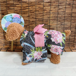 犬の浴衣✨加賀友禅 犬用本格本染浴衣 黒×淡いピンク わんこ浴衣 7枚目の画像