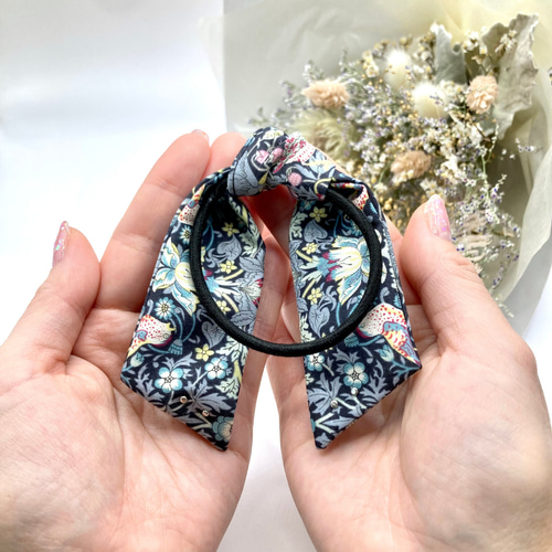 リバティリボン ギンガムチェック柄 パール ヘアゴム ポニーテール