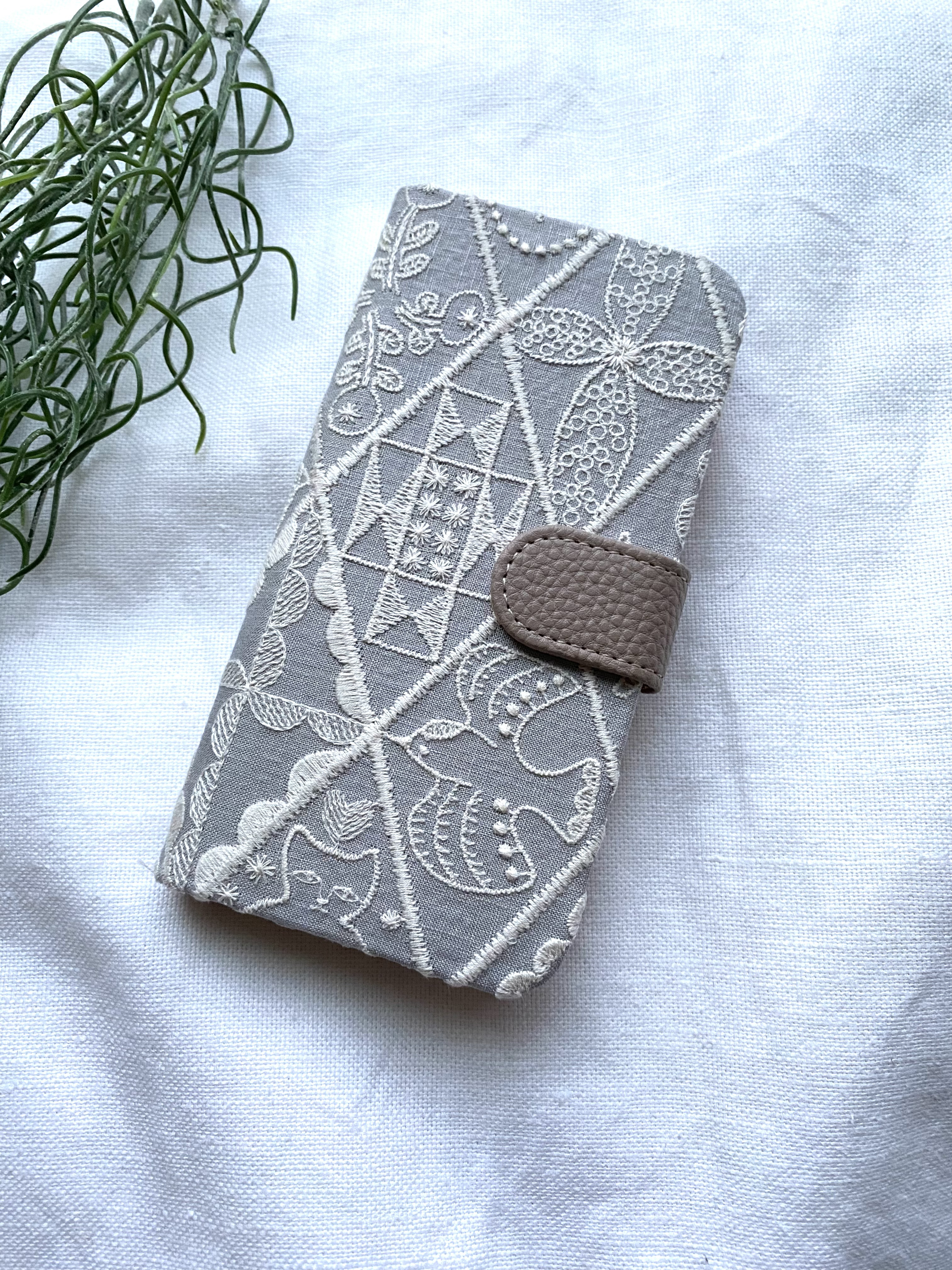 31-5 iPhone他、全機種対応 手帳型ケース ミナペルホネン symphony ライトグレー（薄手）　ꕤ受注制作ꕤ