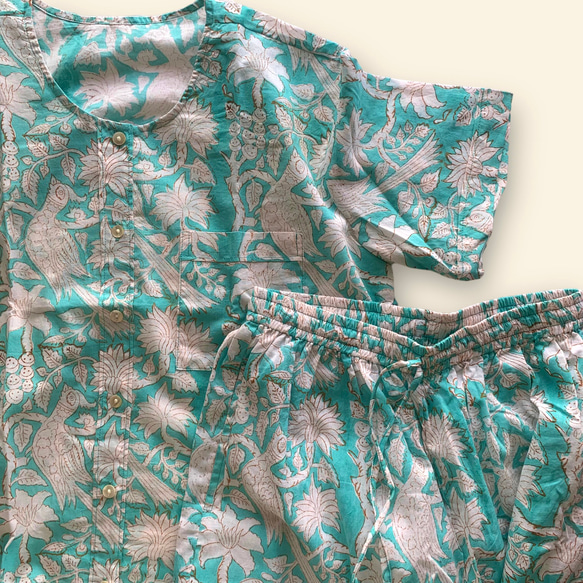 インド綿 ブロックプリント パジャマ(半袖) 1枚目の画像