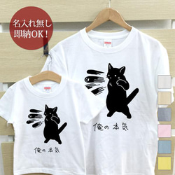 【全国送料無料】俺の本気 黒猫 ネコパンチ 親子ペアTシャツセット おもしろTシャツ 綿100% 選べるカラー7色 2枚目の画像