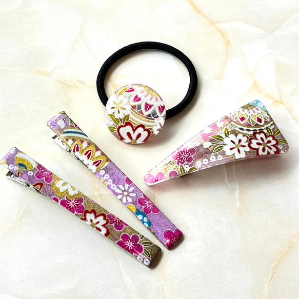 友禅和紙×レジン】和柄のヘアアクセサリーセット 花手毬 バレッタ 和息