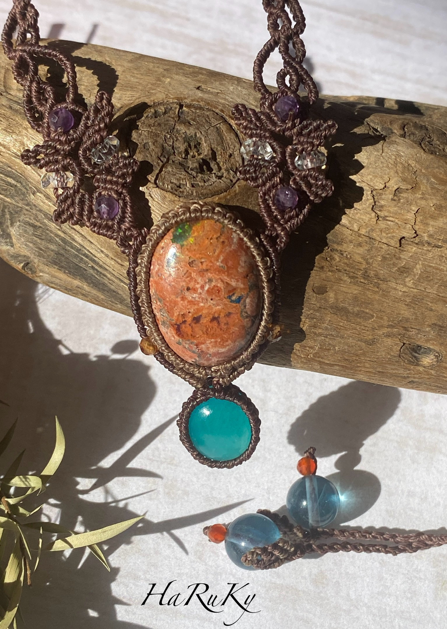 虹色の大地♢カンテラオパールとアイスアマゾナイト♢カンテラオパールマクラメペンダントネックレス 06 天然石