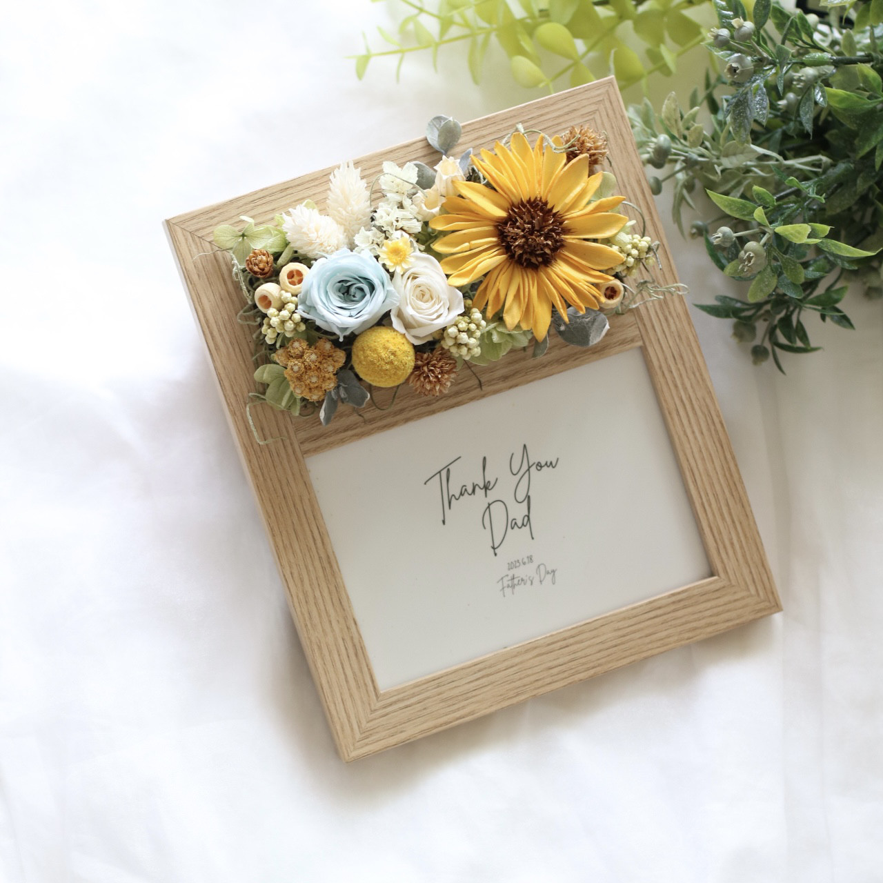 【メッセージカード無料】タテでもヨコでも飾れる２way＊ドライ＆プリザーブドフラワー〈ひまわりブルー〉