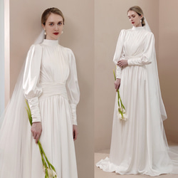 パフスリーブ ハイネック サテン ウェディングドレス ドレス ウララ