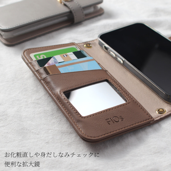 iphoneケース 手帳型 レザー カード収納 ミラー付き iPhone 14 Pro 13 12 SE 11 くすみ 7枚目の画像