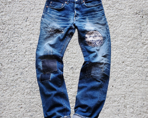【美品】KURO 刺し子 パッチワーク ダメージ加工 デニムパンツ 赤耳 fbdc38e43b7390967aaa7c1713700a