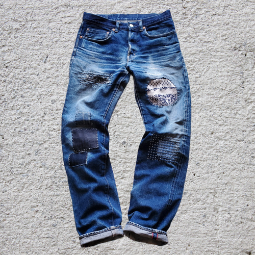 刺し子 パッチワーク リメイクジーンズ OKURA デニムパンツ 赤耳