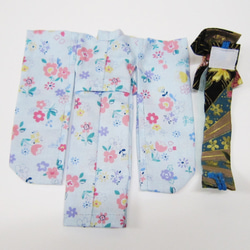 【リカちゃん用着せ替え服】小花柄・水色・振袖・帯セット・浴衣 5枚目の画像
