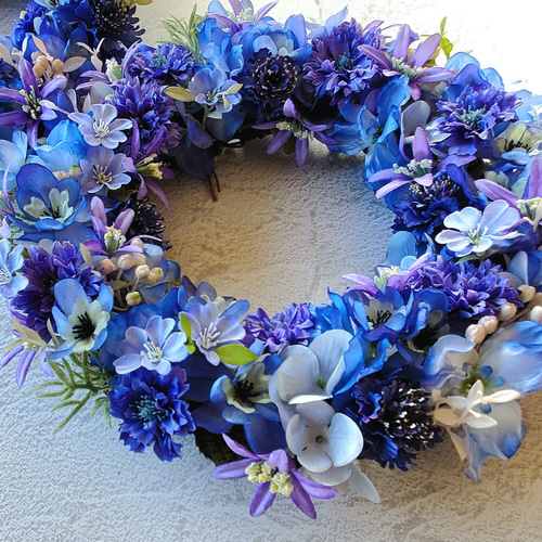 持ち手付き横長リース♡ブルーのバラとデルフィニウム 持ち手付き横長リース♡ブルーのバラとデルフィニウム