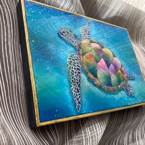 幸せを運ぶ海の守神　ホヌ　絵画　レジンアート　海　沖縄　ハワイ　原画　海亀宮古島 幸せを運ぶ海の守神 ホヌ 絵画 レジンアート 海 沖縄 ハワイ
