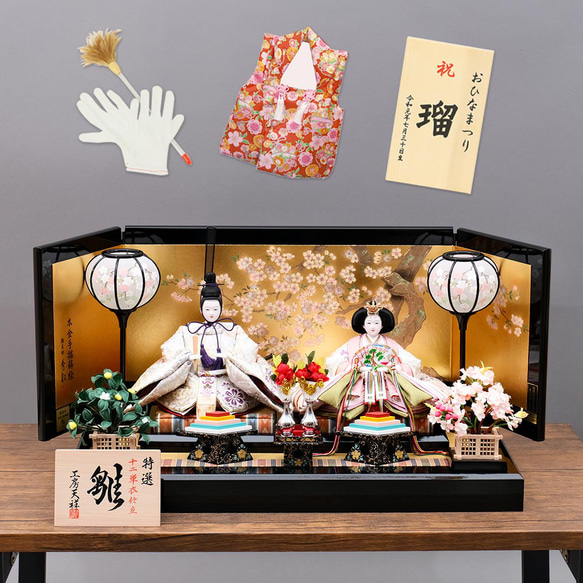 雛人形 新古今雛 小三五親王飾り 正絹帯 桜華 金屏風 工房天祥オリジナル cm 新古今雛 小三五親王飾り