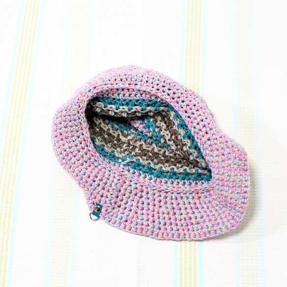 サマーニット帽　手編みのバケットハット　かぎ針編み　春夏　帽子　ピンク系　ユニコーンカラー　シャーベットカラー　ペール 5枚目の画像