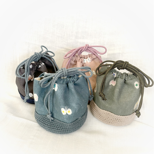 ミナペルホネン&チェックアンドストライプ丸底巾着バッグ-カナダグース