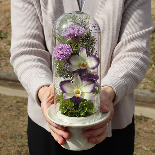 プリザーブドフラワー仏花　一基　　ガラスドーム入り　ライラックカラー　お供え Dear Bouquet プリザーブドフラワー 仏花 仏壇用 お供え 花
