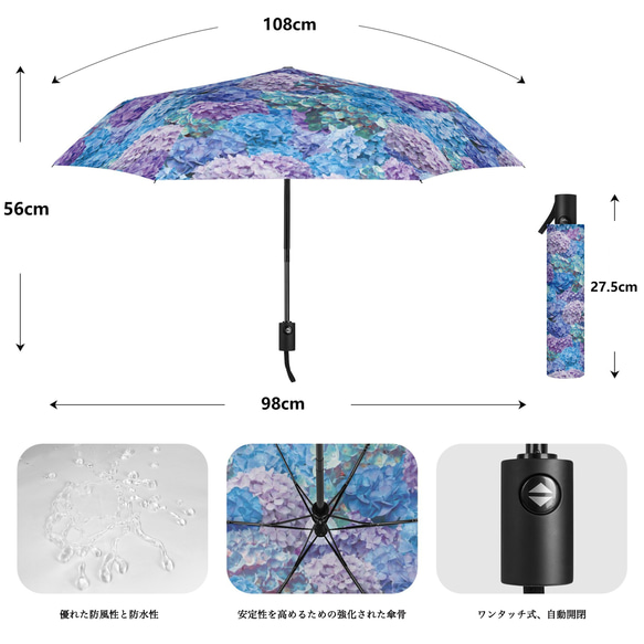 晴雨兼用、雨の中でも紫陽花が咲き続ける傘 折りたたみ傘・日傘（外側プリント） 4枚目の画像