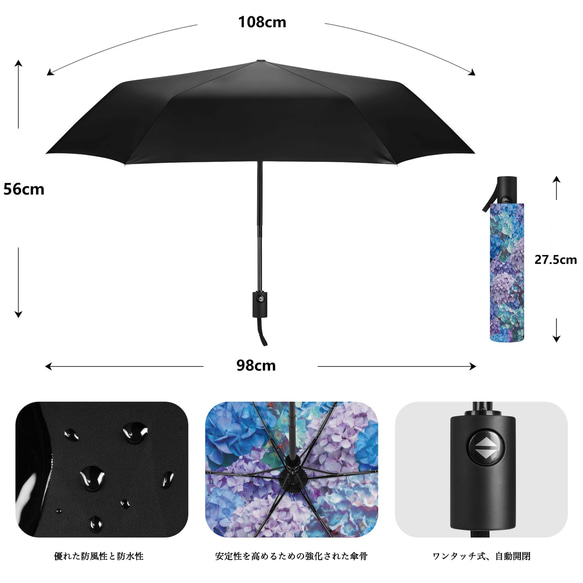晴雨兼用、雨の中でも紫陽花が咲き続ける傘 折りたたみ傘・日傘（内側プリント・外側ブラック） 8枚目の画像