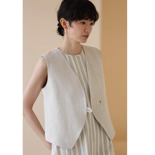 リネンベスト シンプルベスト ベスト ベージュ S-XL#235 ベスト