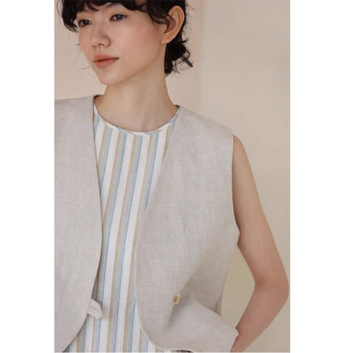 リネンベスト シンプルベスト ベスト ベージュ S-XL#235 ベスト