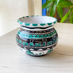 二つ口陶器花瓶 メキシコ土産抽象模様 食器にもなるプランター 小 8cm ウシ柄 鉢カバー CSP014
