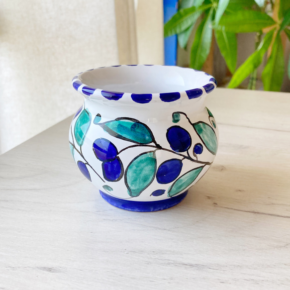 食器にもなるプランター 小 8cm オリーブ柄 鉢カバー CSP016